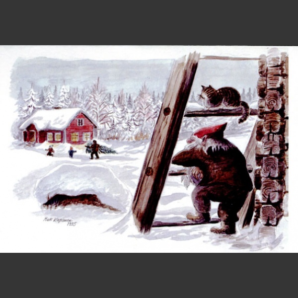 Kissa, tonttu ja kuusenhakijat postikortti